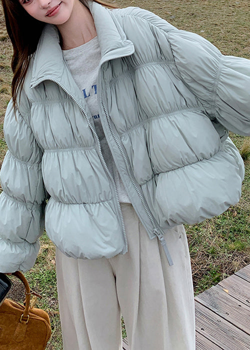 Plus Size Blue Wrinkled Drawstring Duck Down Puffer Coat Winter