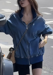 Plus Size Blue Zip Up Striped Pockets Denim Coats Fall