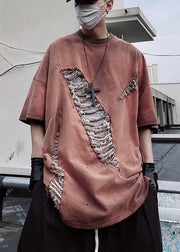 Plus Size Brick Red Oversized Cotton Ripped Mens Graphic Tees Summer