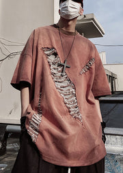 Plus Size Brick Red Oversized Cotton Ripped Mens Graphic Tees Summer