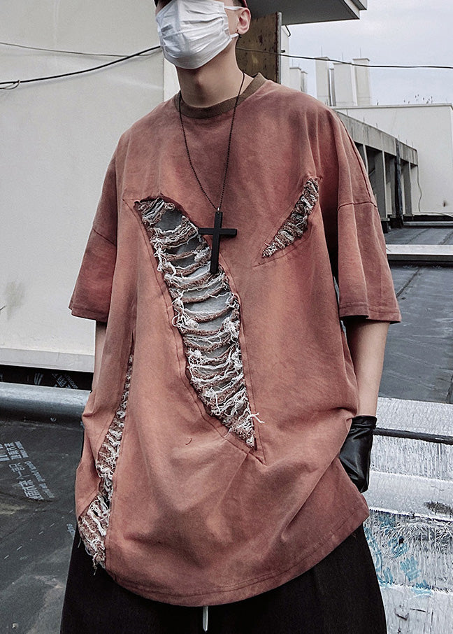 Plus Size Brick Red Oversized Cotton Ripped Mens Graphic Tees Summer