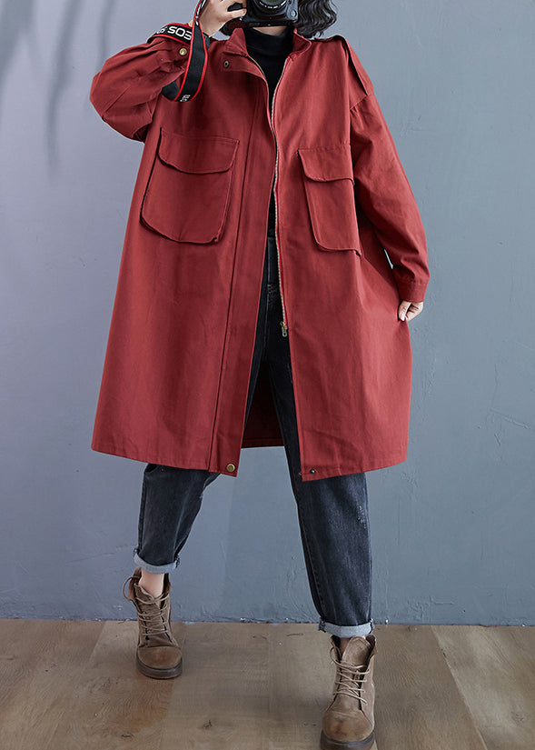 Plus Size Brick Red Zip Up Pockets Patchwork Cotton Trench Coats Fall