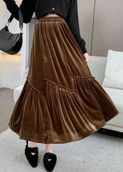 Plus Size Brown Asymmetrical Wrinkled Silk Velvet Skirt Fall