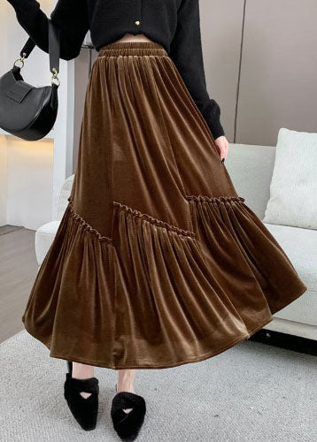 Plus Size Brown Asymmetrical Wrinkled Silk Velvet Skirt Fall