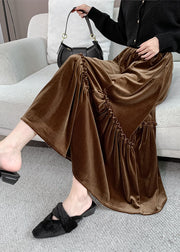 Plus Size Brown Asymmetrical Wrinkled Silk Velvet Skirt Fall
