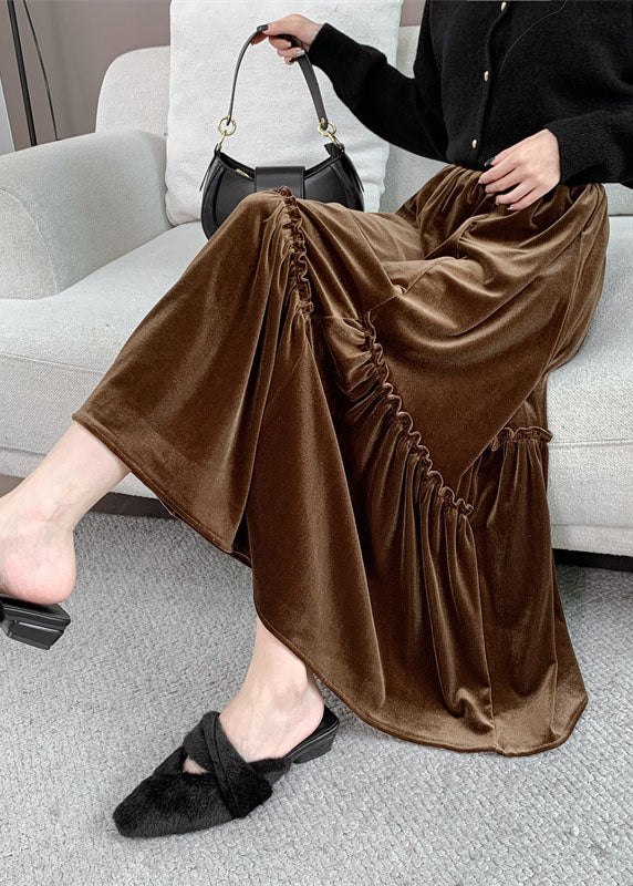 Plus Size Brown Asymmetrical Wrinkled Silk Velvet Skirt Fall
