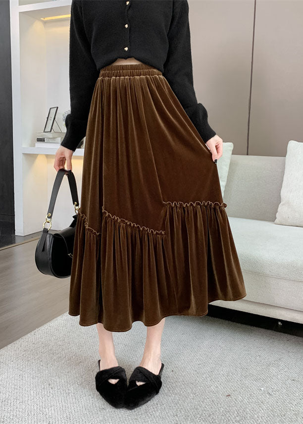 Plus Size Brown Asymmetrical Wrinkled Silk Velvet Skirt Fall