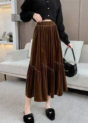 Plus Size Brown Asymmetrical Wrinkled Silk Velvet Skirt Fall