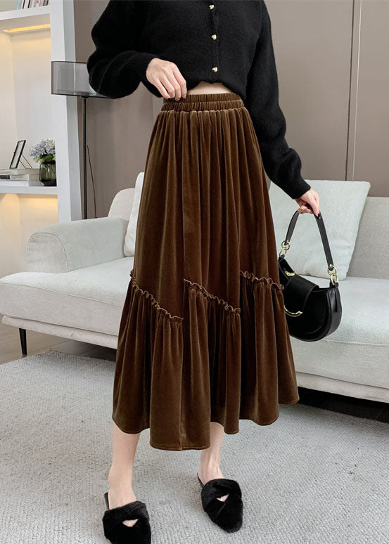 Plus Size Brown Asymmetrical Wrinkled Silk Velvet Skirt Fall