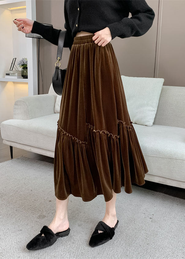 Plus Size Brown Asymmetrical Wrinkled Silk Velvet Skirt Fall