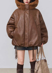 Plus Size Brown Hooded Pockets Fluffy Faux Leather Winter