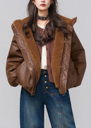 Plus Size Brown Hooded Pockets Fluffy Faux Leather Winter