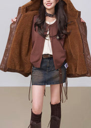 Plus Size Brown Hooded Pockets Fluffy Faux Leather Winter
