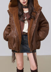 Plus Size Brown Hooded Pockets Fluffy Faux Leather Winter