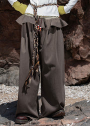 Plus Size Brown Knit Patchwork Elastic Waist Wide Leg Pants Fall
