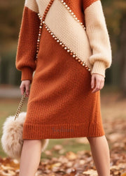 Plus Size Brown Nail Bead Patchwork Faux Fur Knitwear Dress Winter