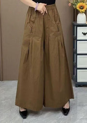 Plus Size Brown Oversized Pockets Wrinkled Cotton Pants Skirts Fall
