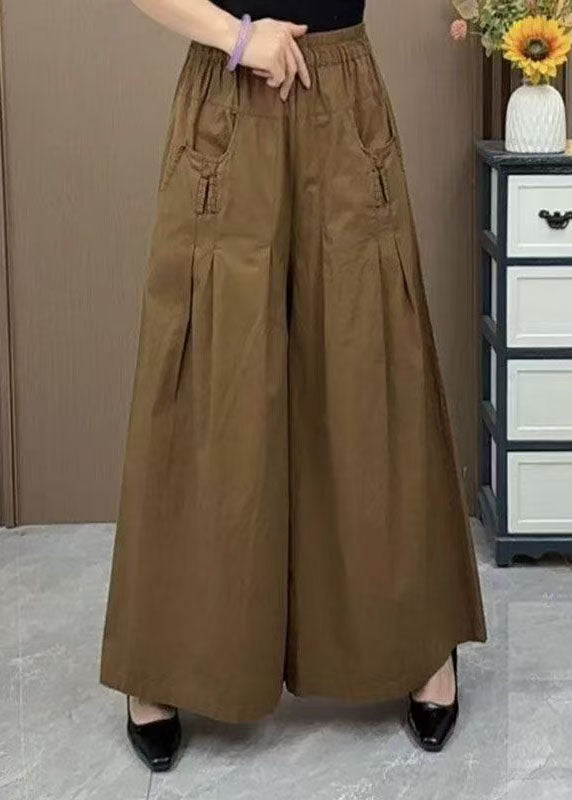 Plus Size Brown Oversized Pockets Wrinkled Cotton Pants Skirts Fall