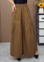 Plus Size Brown Oversized Pockets Wrinkled Cotton Pants Skirts Fall