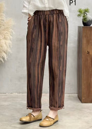 Plus Size Brown Oversized Print Linen Harem Pants Summer