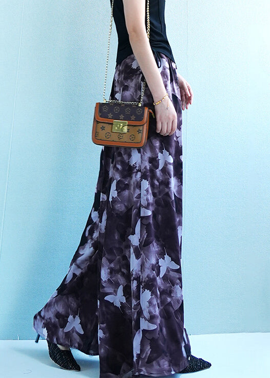 Plus Size Butterfly Print Elastic Waist Ice Silk Wide Leg Pants Summer