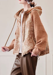 Plus Size Caramel Hooded Drawstring Knit Patchwork Coat Fall
