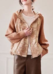 Plus Size Caramel Hooded Drawstring Knit Patchwork Coat Fall