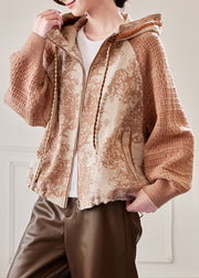 Plus Size Caramel Hooded Drawstring Knit Patchwork Coat Fall