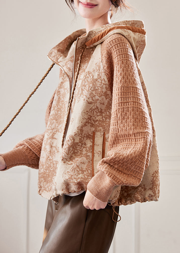 Plus Size Caramel Hooded Drawstring Knit Patchwork Coat Fall