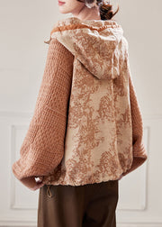 Plus Size Caramel Hooded Drawstring Knit Patchwork Coat Fall