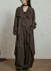 Plus Size Chocolate Bow Pockets Maxi Trench Coats Lantern Sleeve