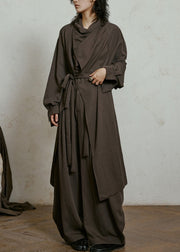 Plus Size Chocolate Bow Pockets Maxi Trench Coats Lantern Sleeve