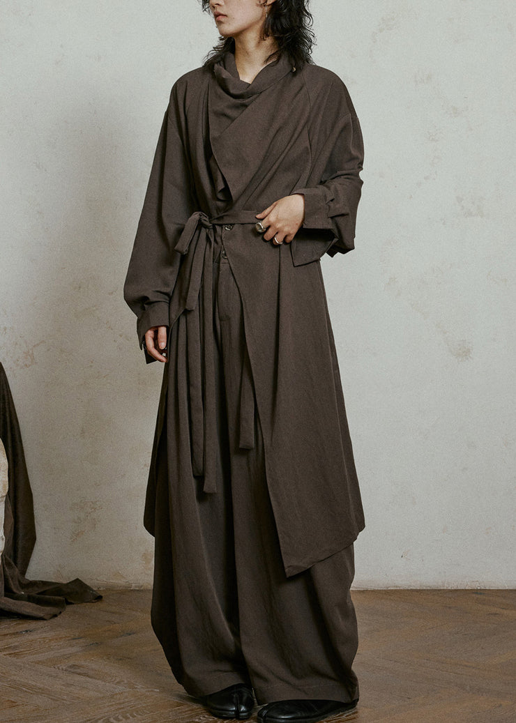 Plus Size Chocolate Bow Pockets Maxi Trench Coats Lantern Sleeve