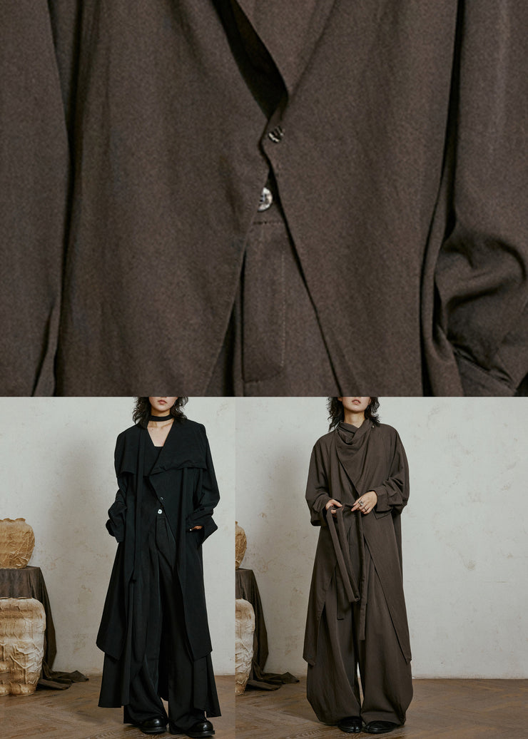Plus Size Chocolate Bow Pockets Maxi Trench Coats Lantern Sleeve