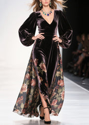 Plus Size Chocolate Exra Large Hem Patchwork Print Silk Velvet Dress Spring