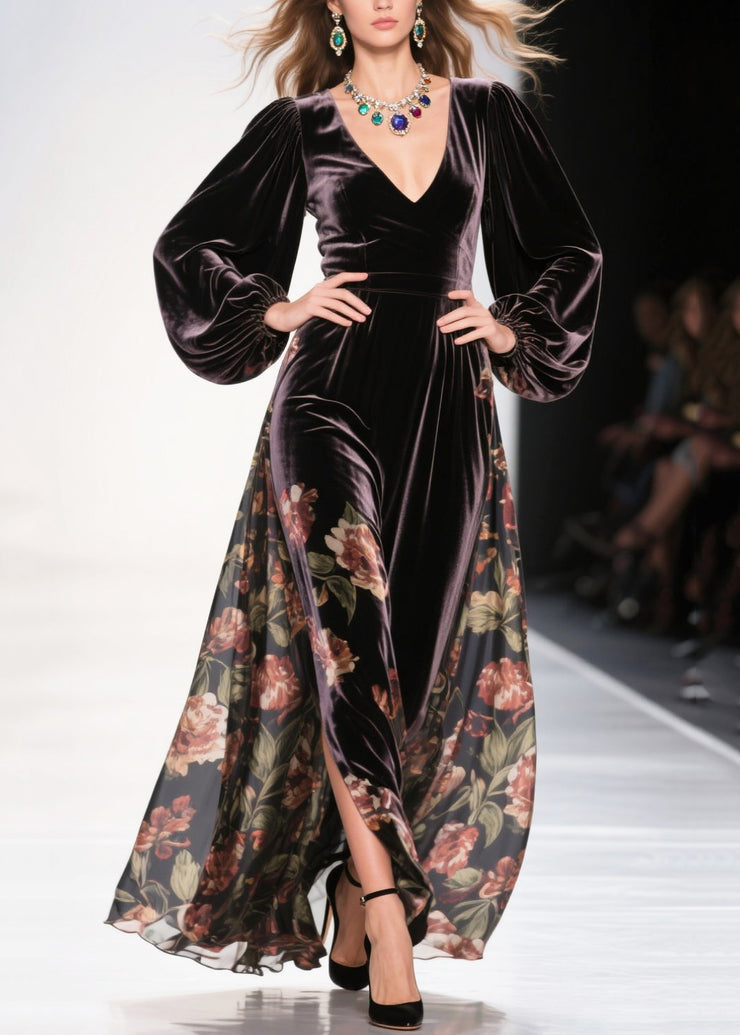 Plus Size Chocolate Exra Large Hem Patchwork Print Silk Velvet Dress Spring