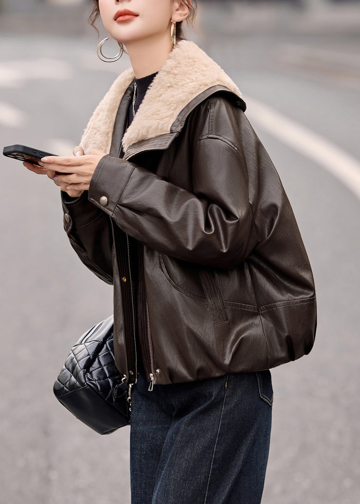 Plus Size Chocolate Fur Collar Oversized Duck Down Faux Leather Coats Winter