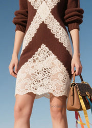 Plus Size Chocolate Hollow Out Patchwork Lace Knit Mid Dress Fall