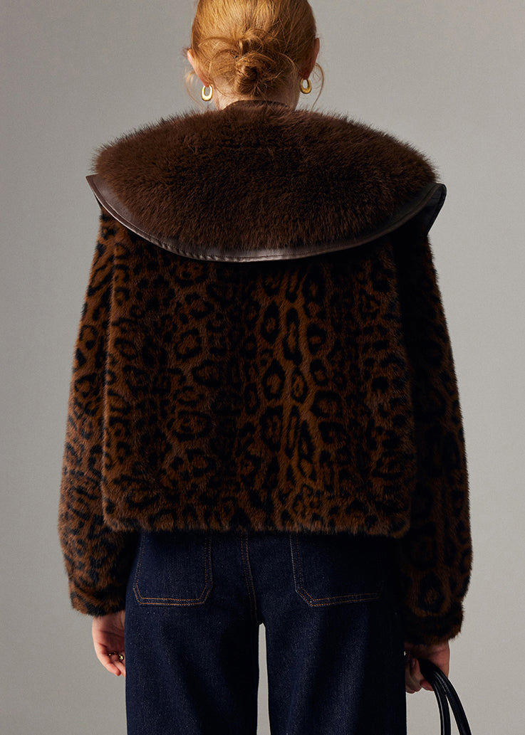 Plus Size Chocolate Leopard Patchwork Mink Velvet Jacket Winter