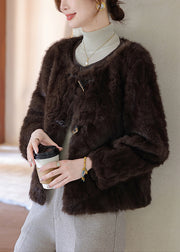 Plus Size Chocolate O-Neck Faux Fur Coat Winter