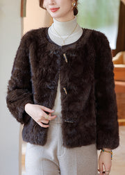 Plus Size Chocolate O-Neck Faux Fur Coat Winter