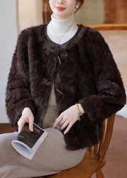 Plus Size Chocolate O-Neck Faux Fur Coat Winter