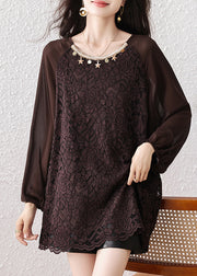 Plus Size Chocolate Oversized Star Decorated Lace Shirt Tops Fall