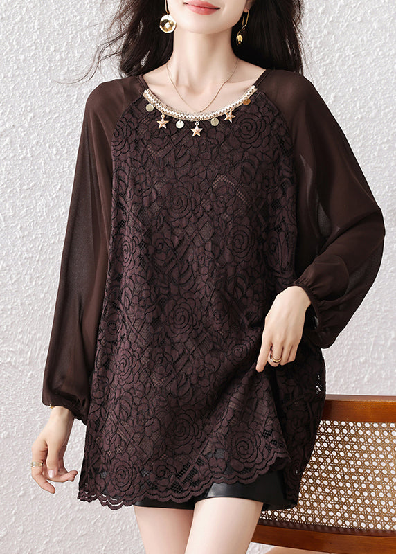 Plus Size Chocolate Oversized Star Decorated Lace Shirt Tops Fall