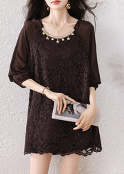 Plus Size Chocolate Oversized Star Decorated Lace Shirt Tops Fall