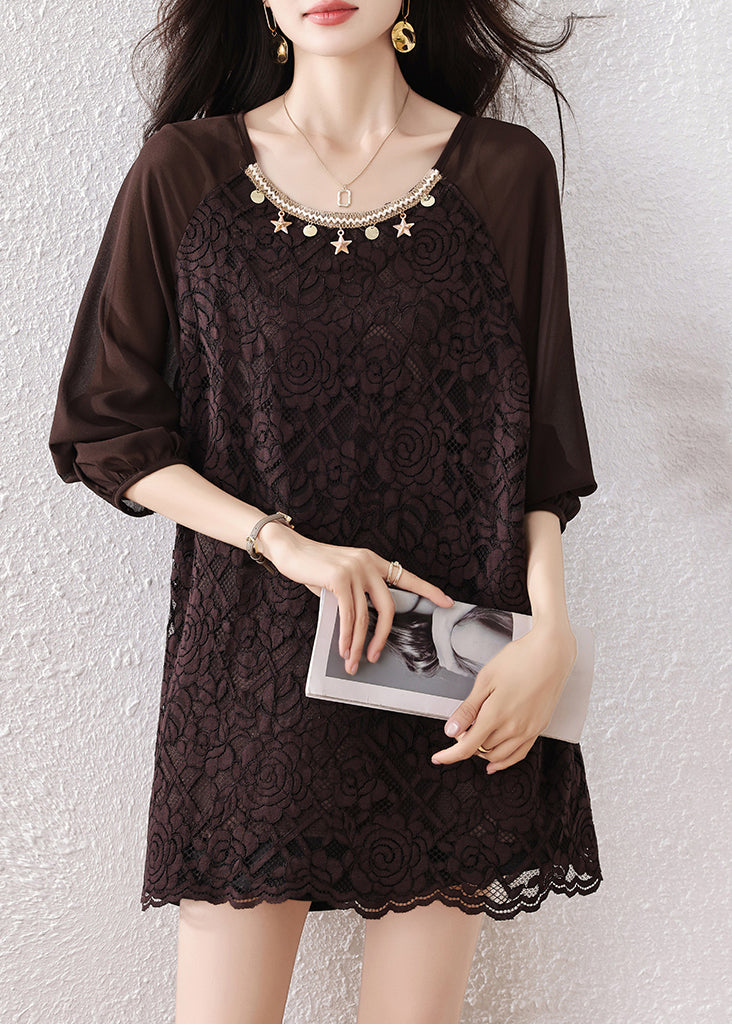 Plus Size Chocolate Oversized Star Decorated Lace Shirt Tops Fall