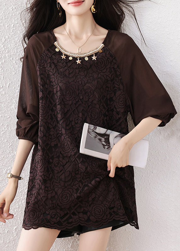 Plus Size Chocolate Oversized Star Decorated Lace Shirt Tops Fall