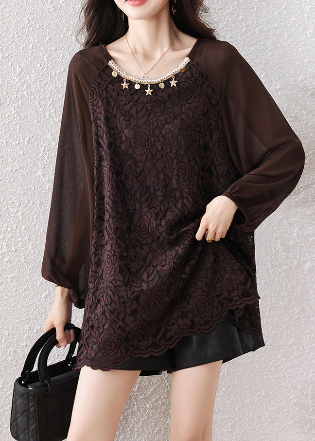Plus Size Chocolate Oversized Star Decorated Lace Shirt Tops Fall