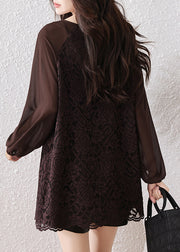 Plus Size Chocolate Oversized Star Decorated Lace Shirt Tops Fall