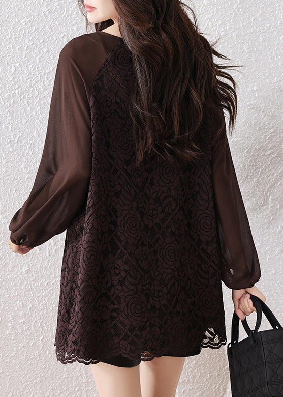 Plus Size Chocolate Oversized Star Decorated Lace Shirt Tops Fall